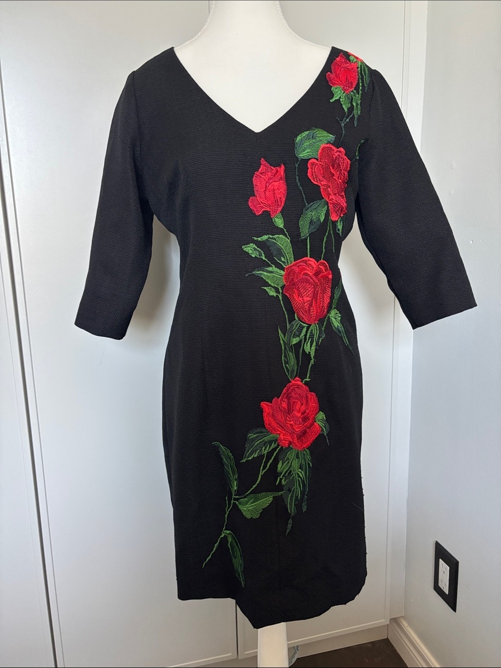 Black V-Neck Dress with Red Rose Embroidery